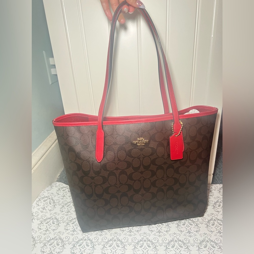 Coach Brown and Red Tote Bag